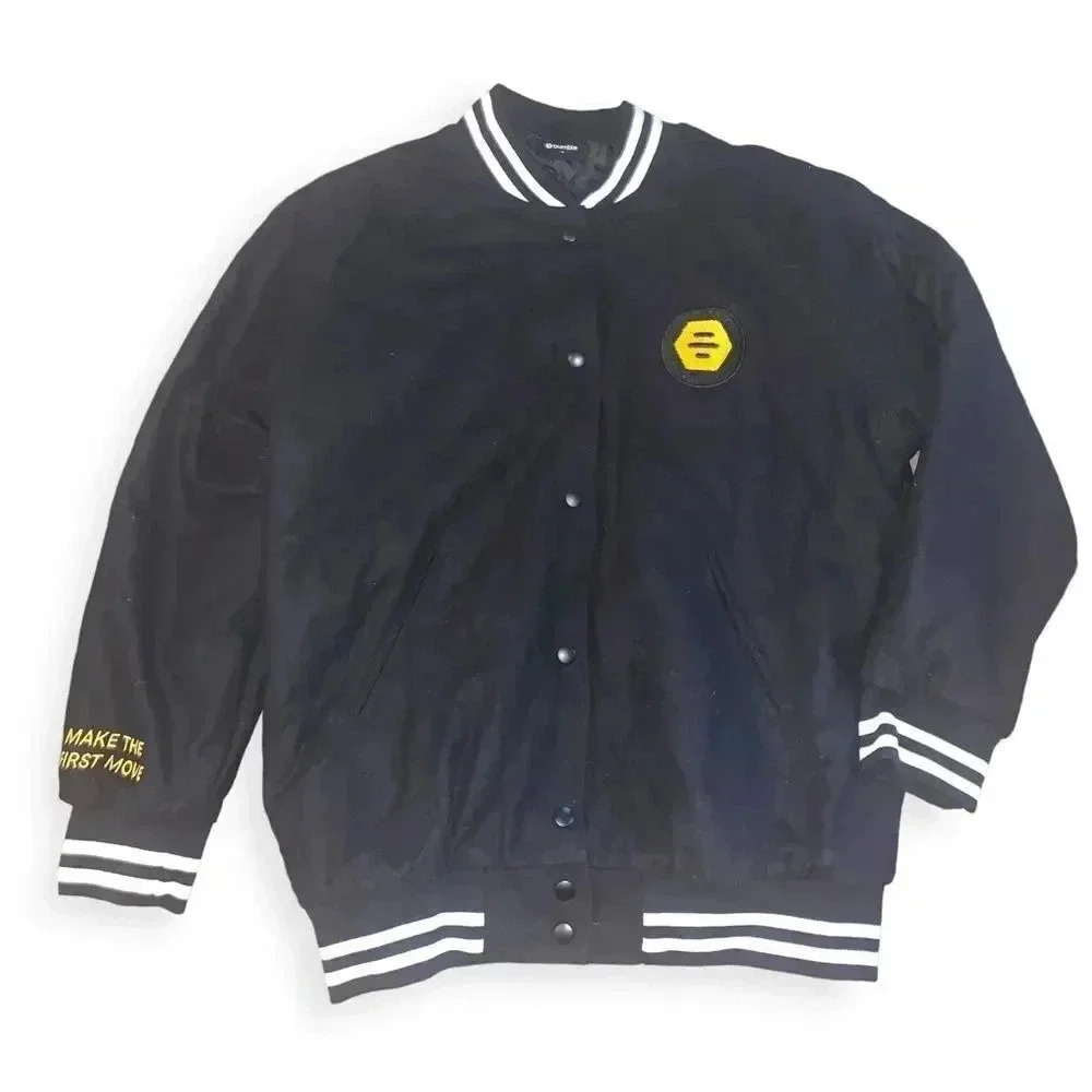 Bumble Social Dating App Black Quilted Bomber Varsity Jacket Snap Size M Unisex